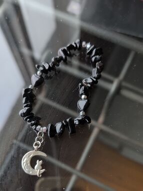 Silver Moon Cat Charm Black Obsidian Beaded Heart  Stretch Bracelet